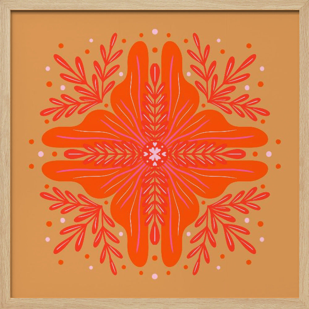 A square, framed artwork featuring a symmetrical, abstract floral design in the style of a mandala. The central element is a vibrant orange flower with intricate pink and red details, set against a warm, mustard-orange background. The design is surrounded by red leafy branches and decorative dots. Decor