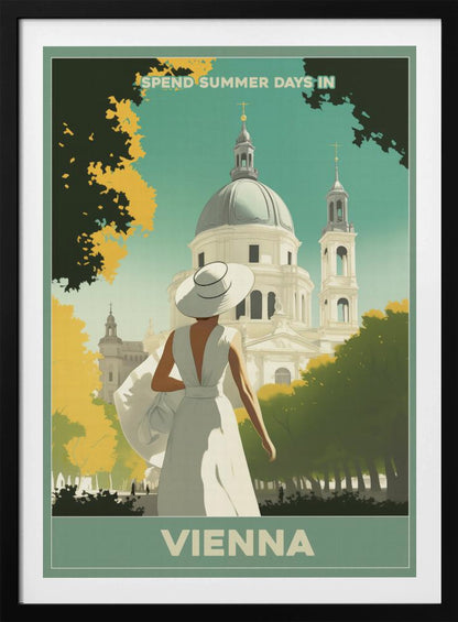 A vintage-style travel poster for Vienna, featuring an illustration of a woman in a white dress and wide-brimmed hat looking at a grand domed building. The scene is framed by green and yellow trees, with text that reads 'Spend summer days in Vienna'. Artwork