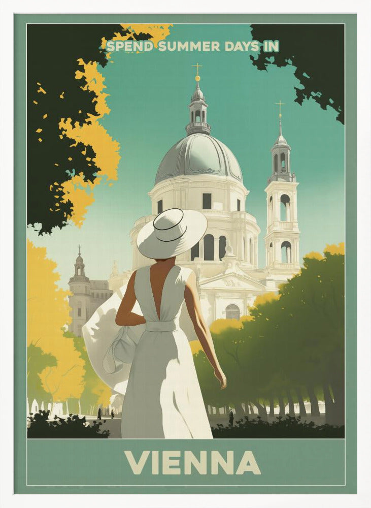 A vintage-style travel poster for Vienna, featuring an illustration of a woman in a white dress and wide-brimmed hat looking at a grand domed building. The scene is framed by green and yellow trees, with text that reads 'Spend summer days in Vienna'. Artwork