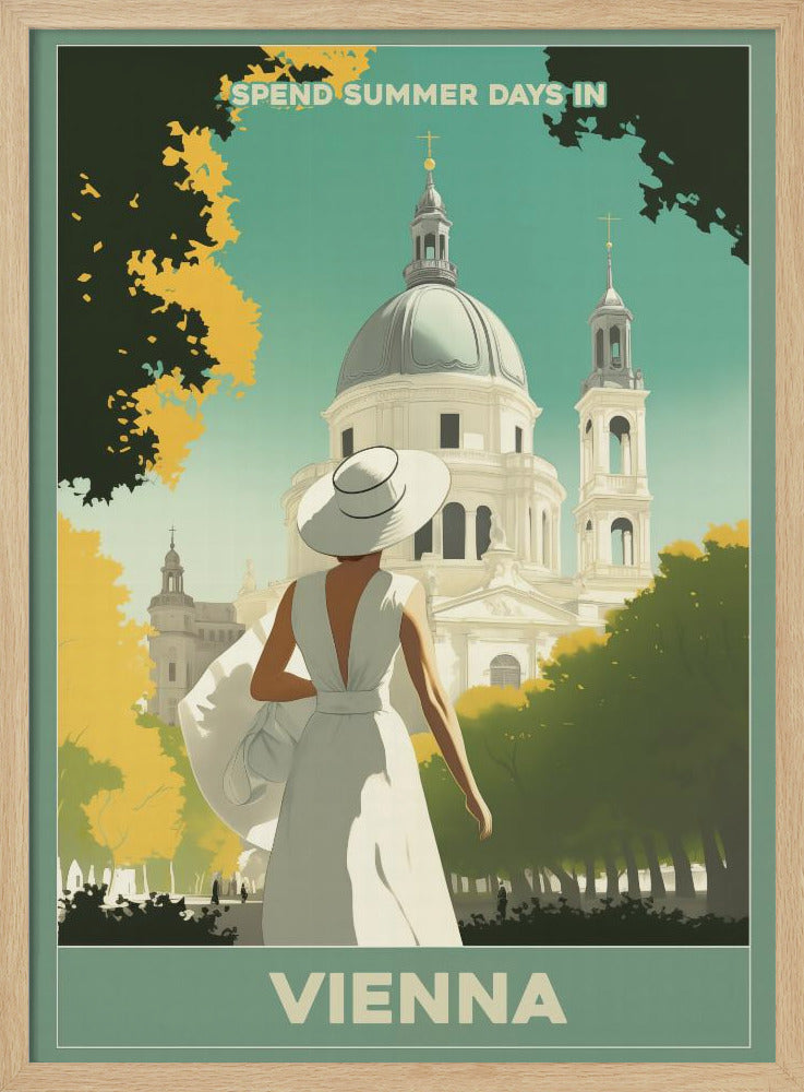 A vintage-style travel poster for Vienna, featuring an illustration of a woman in a white dress and wide-brimmed hat looking at a grand domed building. The scene is framed by green and yellow trees, with text that reads 'Spend summer days in Vienna'. Artwork