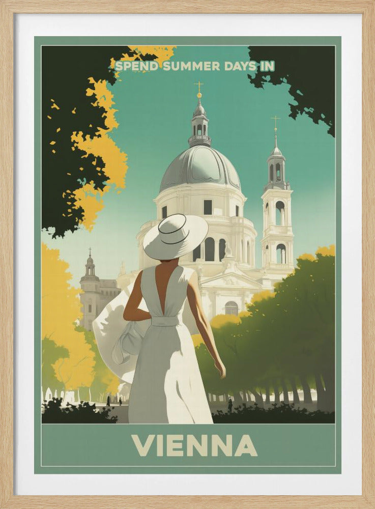 A vintage-style travel poster for Vienna, featuring an illustration of a woman in a white dress and wide-brimmed hat looking at a grand domed building. The scene is framed by green and yellow trees, with text that reads 'Spend summer days in Vienna'. Artwork