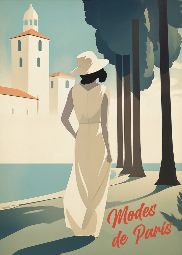 An Art Deco style illustration of a woman in a long cream dress and a white hat, viewed from behind. She stands by a body of water with tall, dark trees to her right and a white coastal building in the background. Red cursive text in the corner reads 'Modes de Paris'. Wall Art