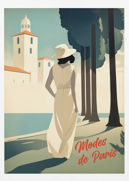 An Art Deco style illustration of a woman in a long cream dress and a white hat, viewed from behind. She stands by a body of water with tall, dark trees to her right and a white coastal building in the background. Red cursive text in the corner reads 'Modes de Paris'. Wall Art