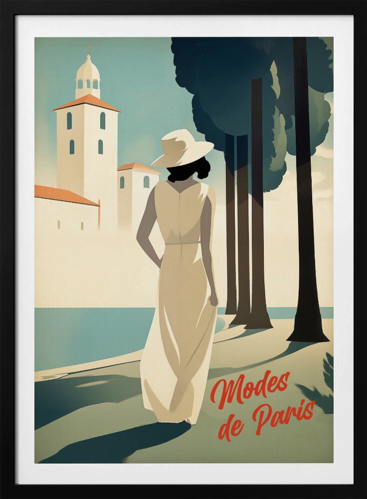 An Art Deco style illustration of a woman in a long cream dress and a white hat, viewed from behind. She stands by a body of water with tall, dark trees to her right and a white coastal building in the background. Red cursive text in the corner reads 'Modes de Paris'. Wall Art