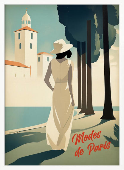 An Art Deco style illustration of a woman in a long cream dress and a white hat, viewed from behind. She stands by a body of water with tall, dark trees to her right and a white coastal building in the background. Red cursive text in the corner reads 'Modes de Paris'. Wall Art