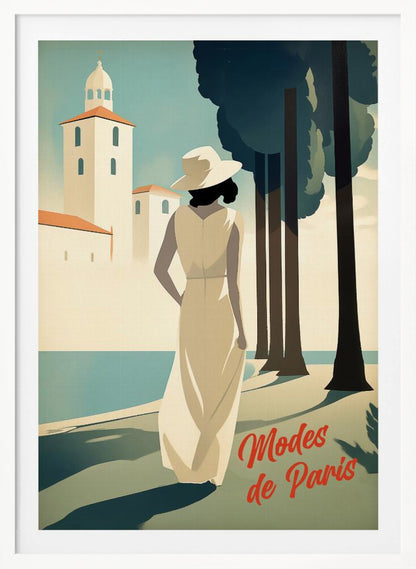An Art Deco style illustration of a woman in a long cream dress and a white hat, viewed from behind. She stands by a body of water with tall, dark trees to her right and a white coastal building in the background. Red cursive text in the corner reads 'Modes de Paris'. Wall Art