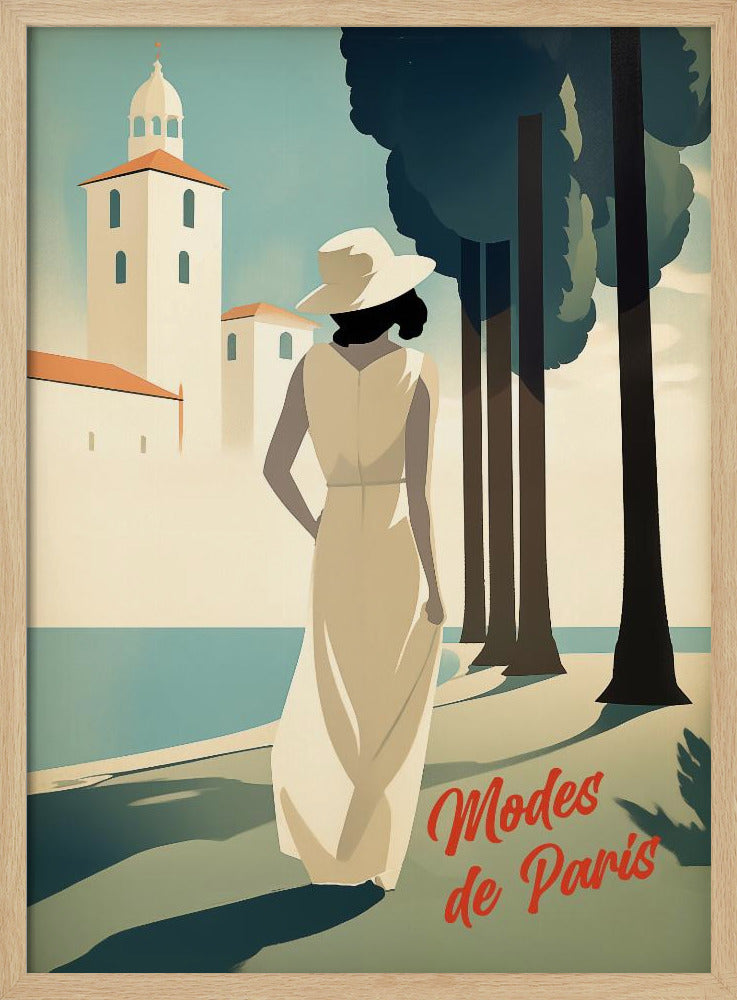An Art Deco style illustration of a woman in a long cream dress and a white hat, viewed from behind. She stands by a body of water with tall, dark trees to her right and a white coastal building in the background. Red cursive text in the corner reads 'Modes de Paris'. Wall Art