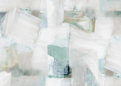 Abstract painting with bold white brushstrokes over a background of soft green, blue, and beige hues in a silver frame.