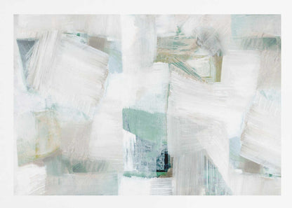 Abstract painting with bold white brushstrokes over a background of soft green, blue, and beige hues in a silver frame.