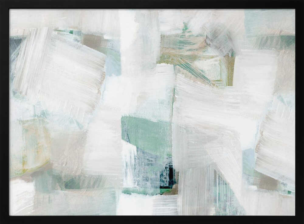 Abstract painting with bold white brushstrokes over a background of soft green, blue, and beige hues in a silver frame.