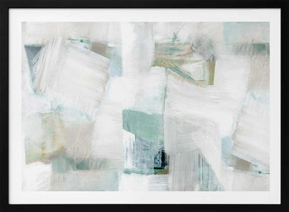 Abstract painting with bold white brushstrokes over a background of soft green, blue, and beige hues in a silver frame.