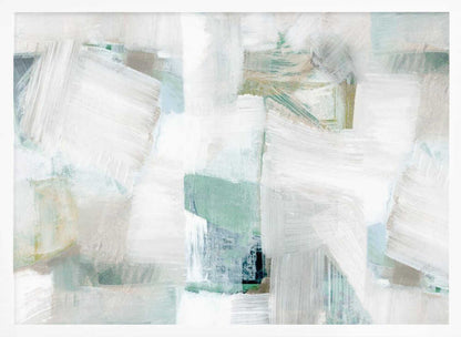 Abstract painting with bold white brushstrokes over a background of soft green, blue, and beige hues in a silver frame.