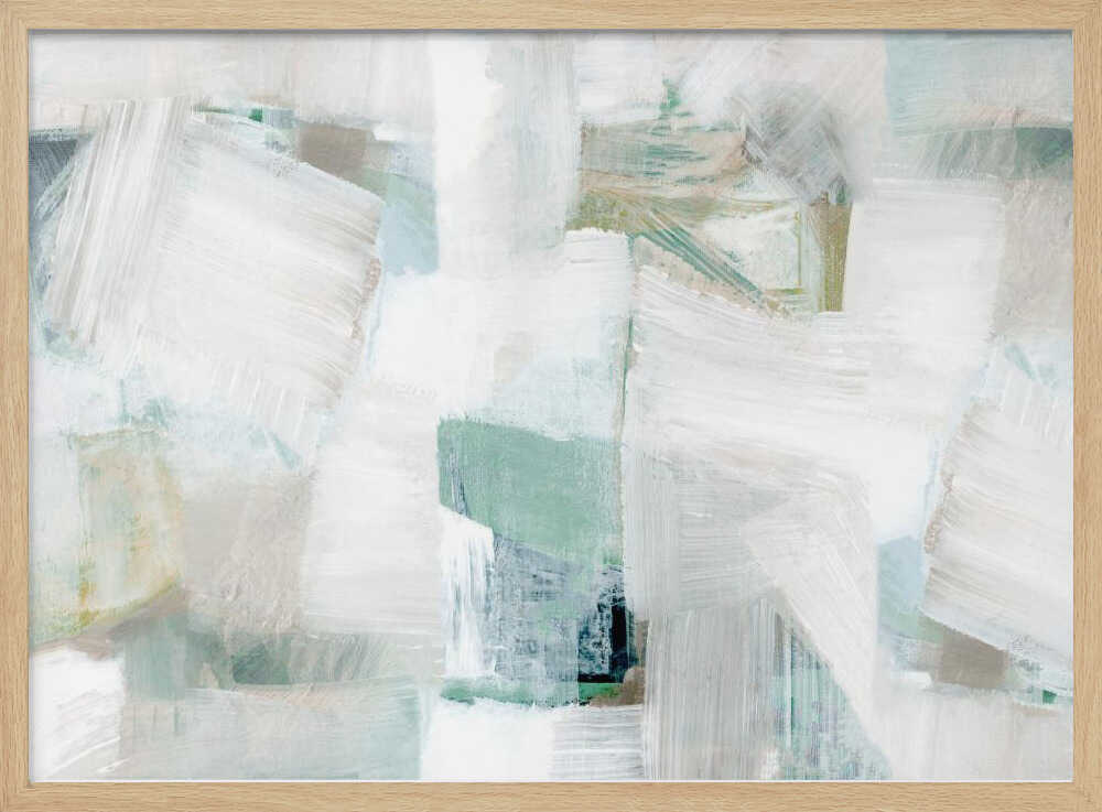 Abstract painting with bold white brushstrokes over a background of soft green, blue, and beige hues in a silver frame.