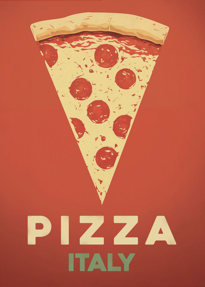 A vintage-style graphic poster featuring a large slice of pepperoni pizza against a solid red-orange background. Below the pizza, the word 'PIZZA' is in large cream letters, with 'ITALY' in smaller green letters underneath. The artwork is presented in a simple black frame. Poster