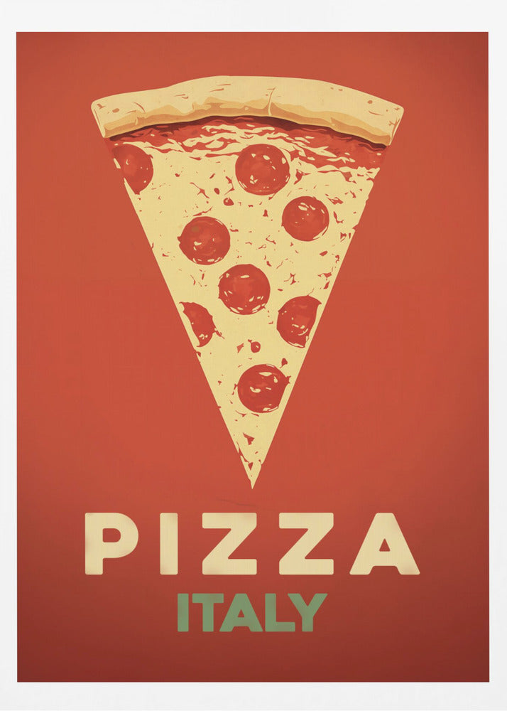 A vintage-style graphic poster featuring a large slice of pepperoni pizza against a solid red-orange background. Below the pizza, the word 'PIZZA' is in large cream letters, with 'ITALY' in smaller green letters underneath. The artwork is presented in a simple black frame. Poster