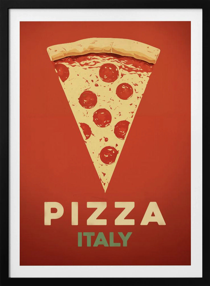 A vintage-style graphic poster featuring a large slice of pepperoni pizza against a solid red-orange background. Below the pizza, the word 'PIZZA' is in large cream letters, with 'ITALY' in smaller green letters underneath. The artwork is presented in a simple black frame. Poster