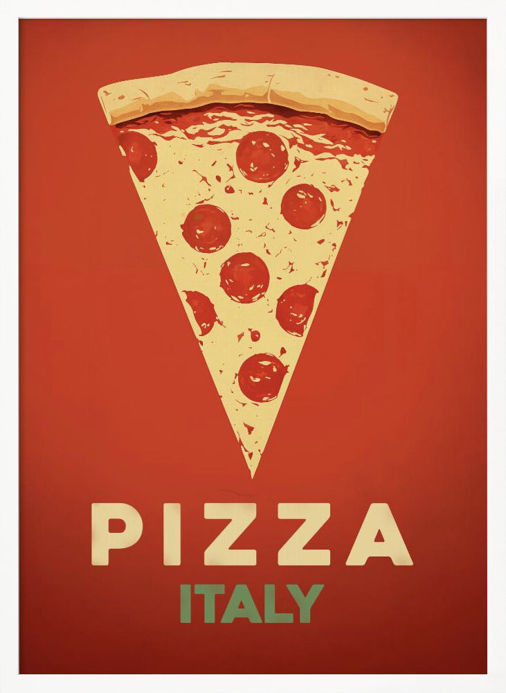 A vintage-style graphic poster featuring a large slice of pepperoni pizza against a solid red-orange background. Below the pizza, the word 'PIZZA' is in large cream letters, with 'ITALY' in smaller green letters underneath. The artwork is presented in a simple black frame. Poster