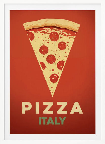 A vintage-style graphic poster featuring a large slice of pepperoni pizza against a solid red-orange background. Below the pizza, the word 'PIZZA' is in large cream letters, with 'ITALY' in smaller green letters underneath. The artwork is presented in a simple black frame. Poster