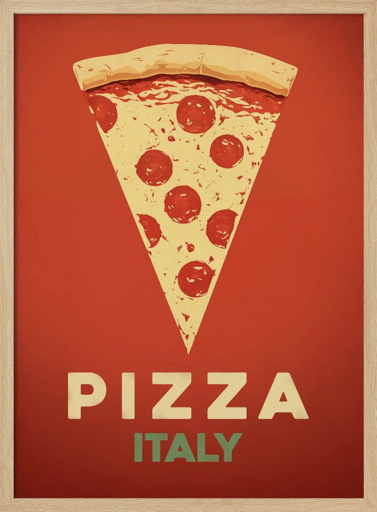 A vintage-style graphic poster featuring a large slice of pepperoni pizza against a solid red-orange background. Below the pizza, the word 'PIZZA' is in large cream letters, with 'ITALY' in smaller green letters underneath. The artwork is presented in a simple black frame. Poster