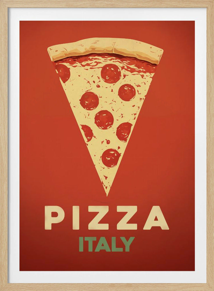 A vintage-style graphic poster featuring a large slice of pepperoni pizza against a solid red-orange background. Below the pizza, the word 'PIZZA' is in large cream letters, with 'ITALY' in smaller green letters underneath. The artwork is presented in a simple black frame. Poster