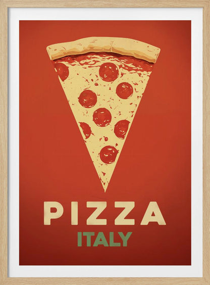 A vintage-style graphic poster featuring a large slice of pepperoni pizza against a solid red-orange background. Below the pizza, the word 'PIZZA' is in large cream letters, with 'ITALY' in smaller green letters underneath. The artwork is presented in a simple black frame. Poster