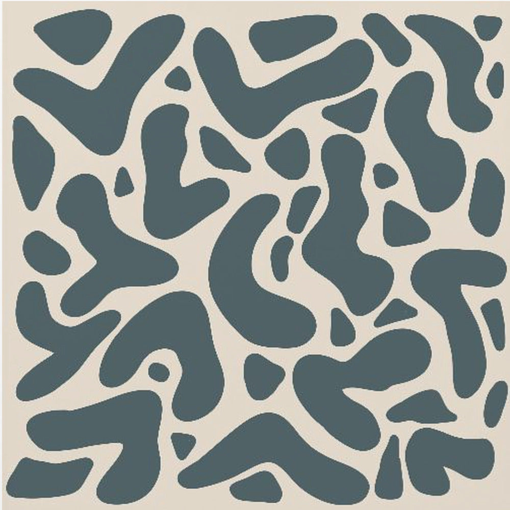 A square abstract art print in a light wood frame, showcasing a pattern of dark teal, amoeba-like shapes scattered on a light beige background. Print