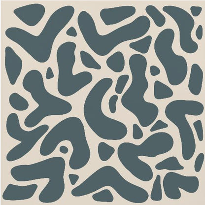 A square abstract art print in a light wood frame, showcasing a pattern of dark teal, amoeba-like shapes scattered on a light beige background. Print