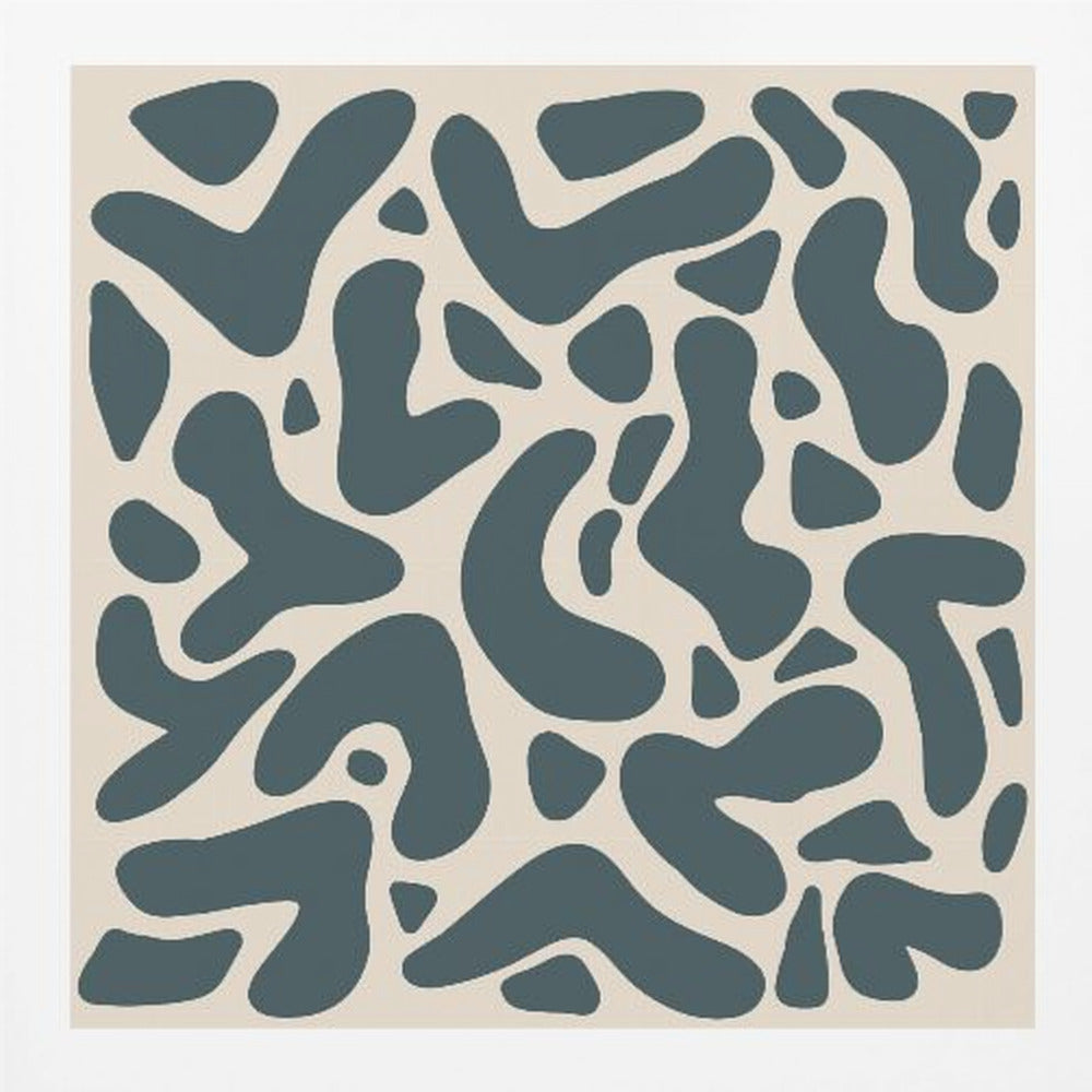 A square abstract art print in a light wood frame, showcasing a pattern of dark teal, amoeba-like shapes scattered on a light beige background. Print