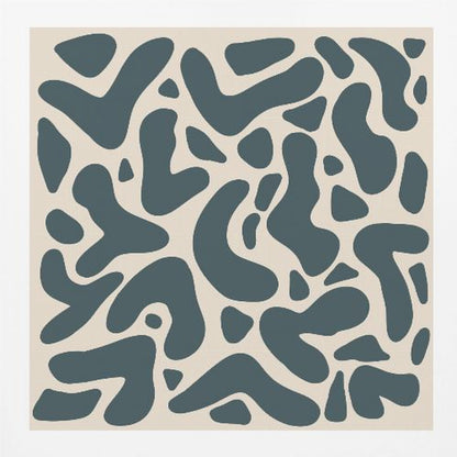 A square abstract art print in a light wood frame, showcasing a pattern of dark teal, amoeba-like shapes scattered on a light beige background. Print