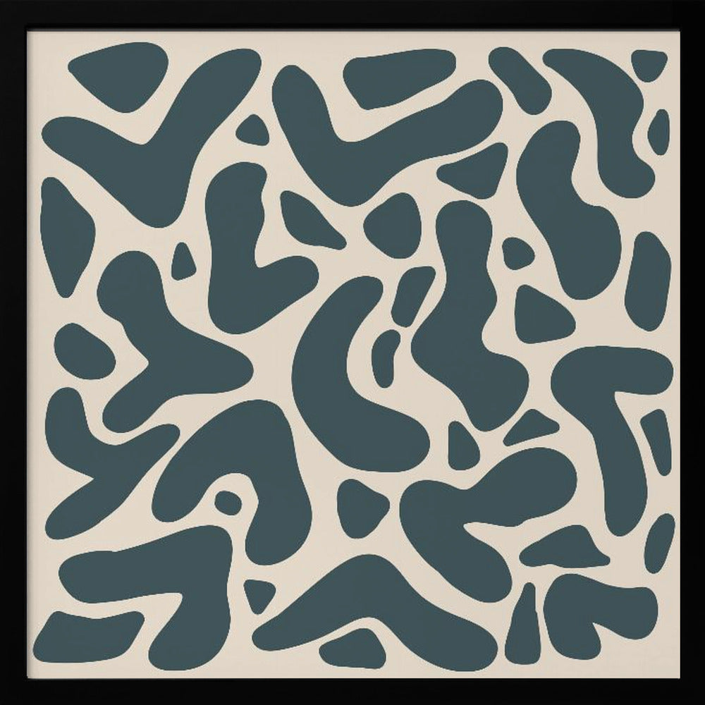 A square abstract art print in a light wood frame, showcasing a pattern of dark teal, amoeba-like shapes scattered on a light beige background. Print