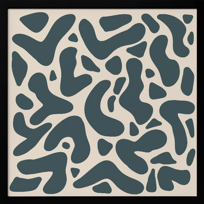 A square abstract art print in a light wood frame, showcasing a pattern of dark teal, amoeba-like shapes scattered on a light beige background. Print