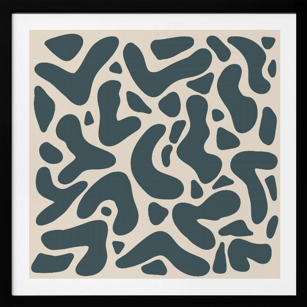 A square abstract art print in a light wood frame, showcasing a pattern of dark teal, amoeba-like shapes scattered on a light beige background. Print