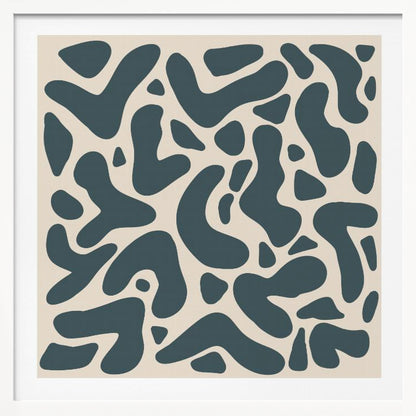 A square abstract art print in a light wood frame, showcasing a pattern of dark teal, amoeba-like shapes scattered on a light beige background. Print