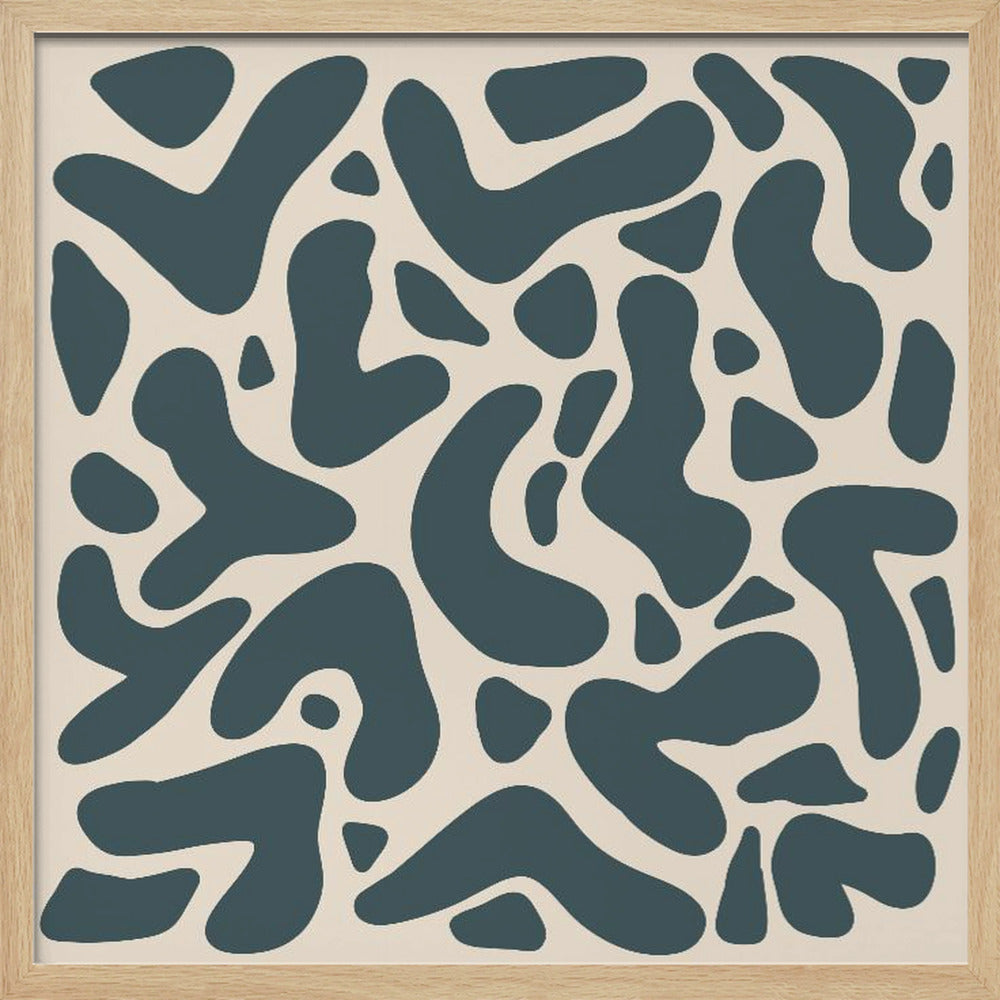 A square abstract art print in a light wood frame, showcasing a pattern of dark teal, amoeba-like shapes scattered on a light beige background. Print