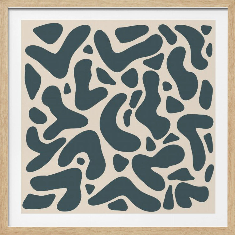 A square abstract art print in a light wood frame, showcasing a pattern of dark teal, amoeba-like shapes scattered on a light beige background. Print