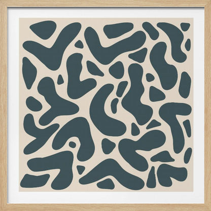 A square abstract art print in a light wood frame, showcasing a pattern of dark teal, amoeba-like shapes scattered on a light beige background. Print