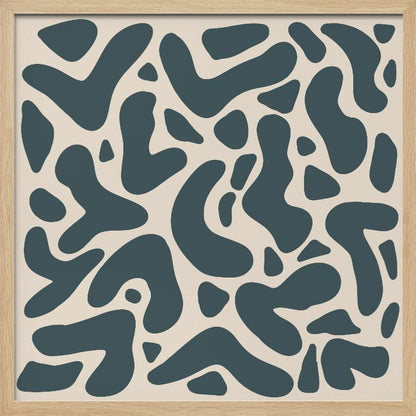 A square abstract art print in a light wood frame, showcasing a pattern of dark teal, amoeba-like shapes scattered on a light beige background. Print