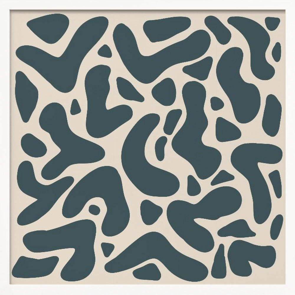 A square abstract art print in a light wood frame, showcasing a pattern of dark teal, amoeba-like shapes scattered on a light beige background. Print