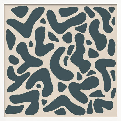 A square abstract art print in a light wood frame, showcasing a pattern of dark teal, amoeba-like shapes scattered on a light beige background. Print