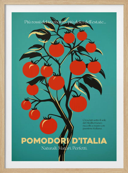 A vintage-style Italian advertisement poster featuring a stylized illustration of a tomato plant with vibrant red tomatoes against a teal background. Italian text at the bottom reads 'POMODORI D'ITALIA'. Print