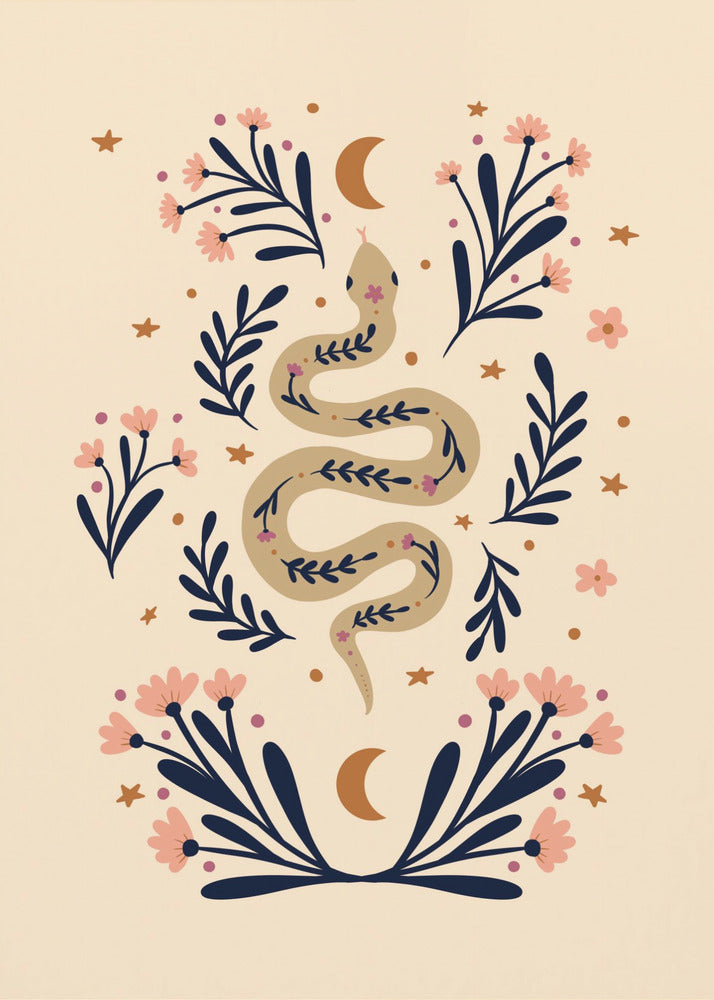 A bohemian-style illustration of a winding tan snake decorated with small flowers, set against a cream background. The snake is surrounded by dark blue foliage, pink blossoms, small gold stars, and two crescent moons, creating a symmetrical and mystical design. Poster
