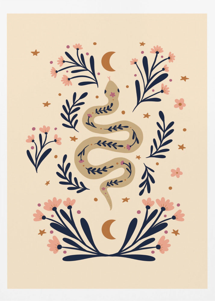 A bohemian-style illustration of a winding tan snake decorated with small flowers, set against a cream background. The snake is surrounded by dark blue foliage, pink blossoms, small gold stars, and two crescent moons, creating a symmetrical and mystical design. Poster