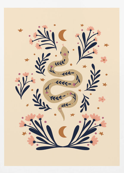A bohemian-style illustration of a winding tan snake decorated with small flowers, set against a cream background. The snake is surrounded by dark blue foliage, pink blossoms, small gold stars, and two crescent moons, creating a symmetrical and mystical design. Poster