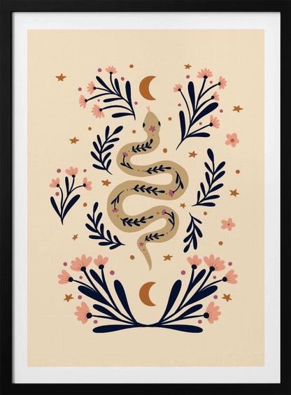 A bohemian-style illustration of a winding tan snake decorated with small flowers, set against a cream background. The snake is surrounded by dark blue foliage, pink blossoms, small gold stars, and two crescent moons, creating a symmetrical and mystical design. Poster