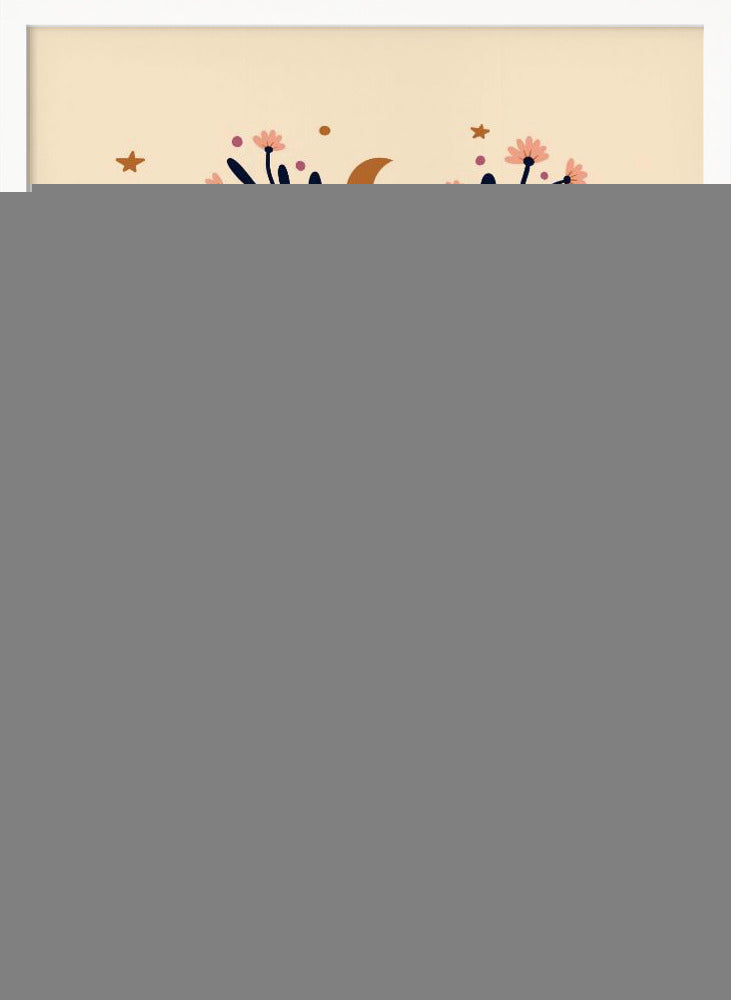 A bohemian-style illustration of a winding tan snake decorated with small flowers, set against a cream background. The snake is surrounded by dark blue foliage, pink blossoms, small gold stars, and two crescent moons, creating a symmetrical and mystical design. Poster