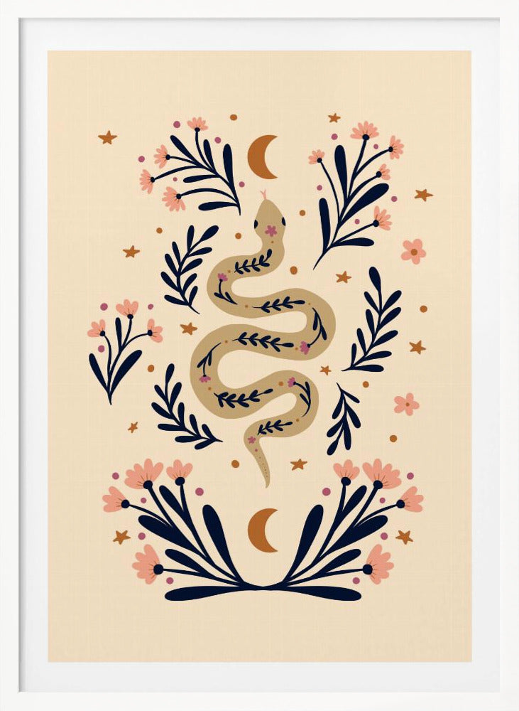 A bohemian-style illustration of a winding tan snake decorated with small flowers, set against a cream background. The snake is surrounded by dark blue foliage, pink blossoms, small gold stars, and two crescent moons, creating a symmetrical and mystical design. Poster