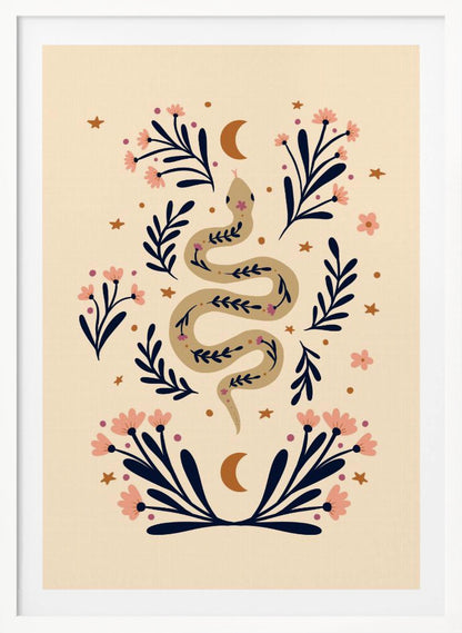 A bohemian-style illustration of a winding tan snake decorated with small flowers, set against a cream background. The snake is surrounded by dark blue foliage, pink blossoms, small gold stars, and two crescent moons, creating a symmetrical and mystical design. Poster