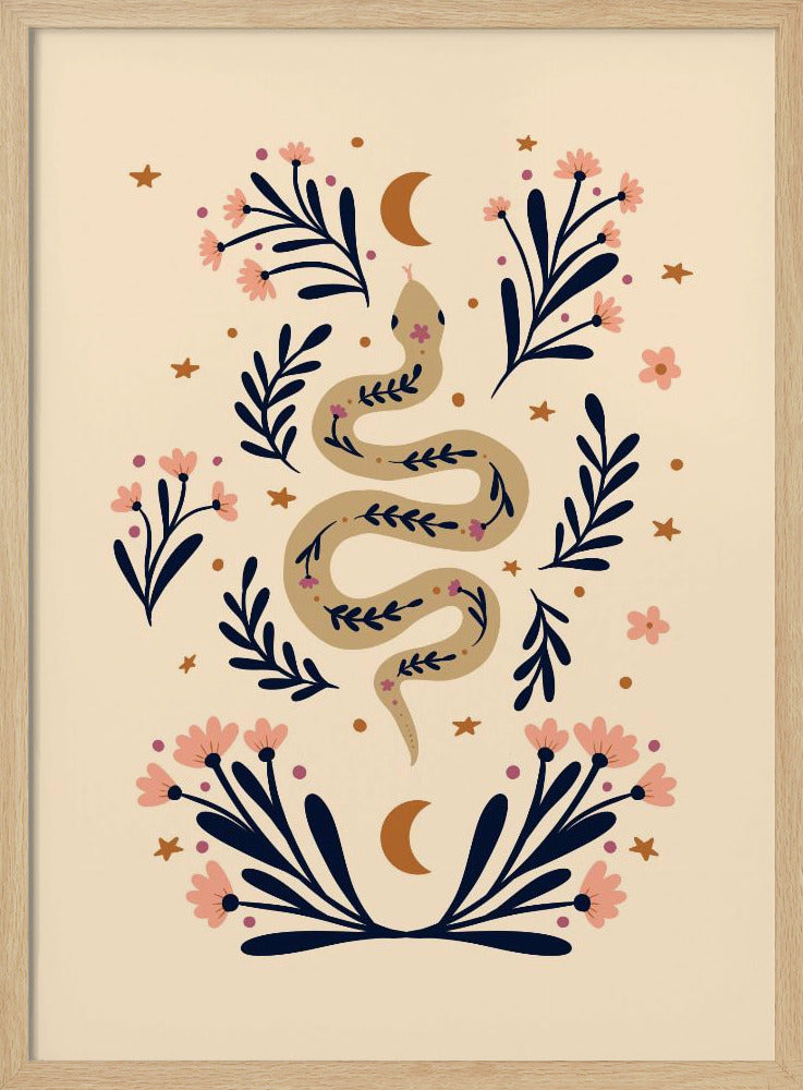 A bohemian-style illustration of a winding tan snake decorated with small flowers, set against a cream background. The snake is surrounded by dark blue foliage, pink blossoms, small gold stars, and two crescent moons, creating a symmetrical and mystical design. Poster