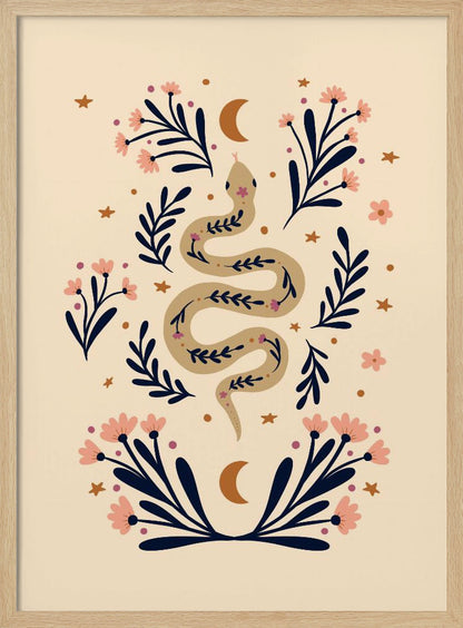 A bohemian-style illustration of a winding tan snake decorated with small flowers, set against a cream background. The snake is surrounded by dark blue foliage, pink blossoms, small gold stars, and two crescent moons, creating a symmetrical and mystical design. Poster