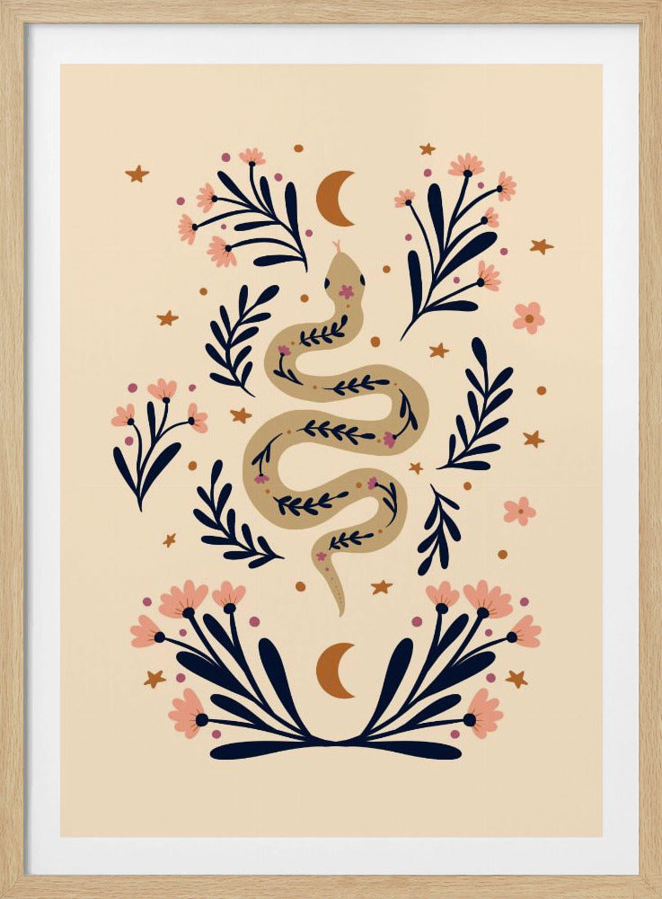 A bohemian-style illustration of a winding tan snake decorated with small flowers, set against a cream background. The snake is surrounded by dark blue foliage, pink blossoms, small gold stars, and two crescent moons, creating a symmetrical and mystical design. Poster